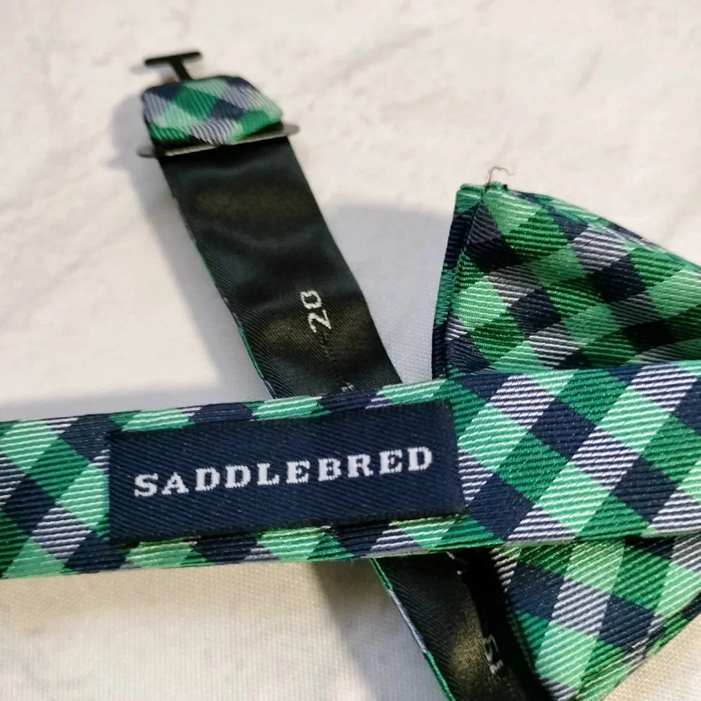Saddlebred Silk Blend Bowtie Blue Green Teal Checks Plaid Adjustable Classic B